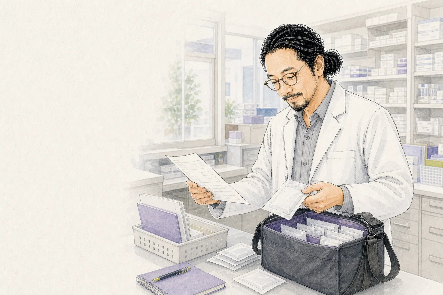 薬局で在宅訪問の準備をする薬剤師の水彩イラスト