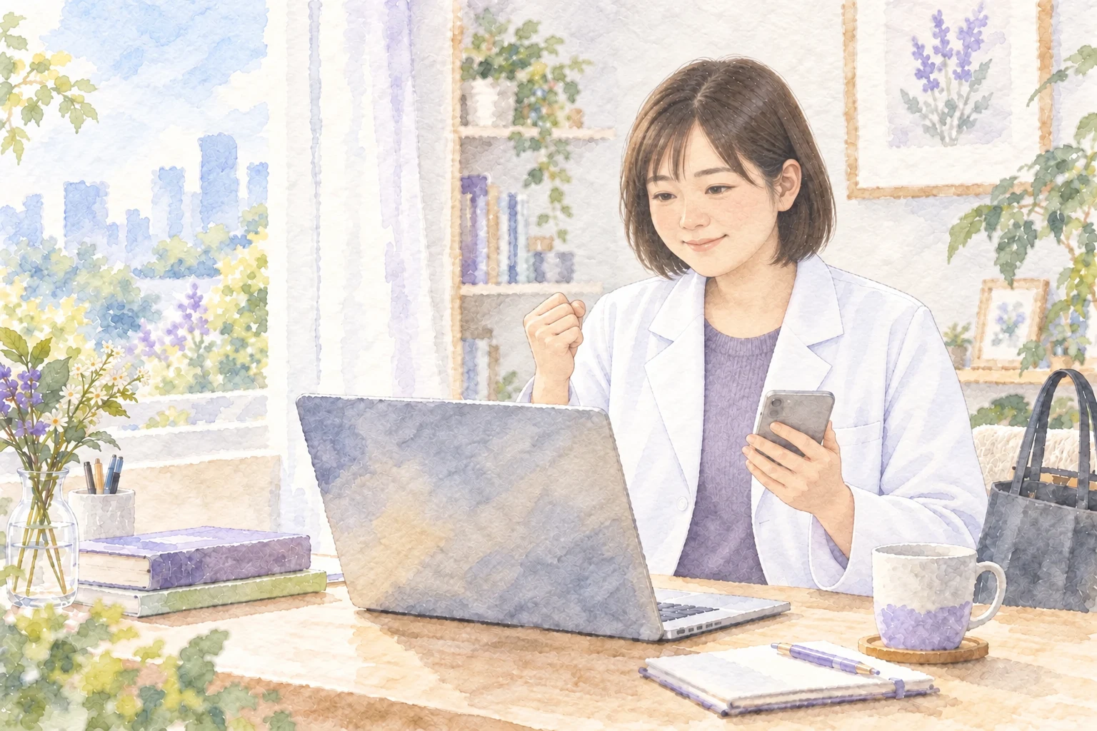 スマートフォンを手に働く日を考える女性薬剤師の水彩イラスト